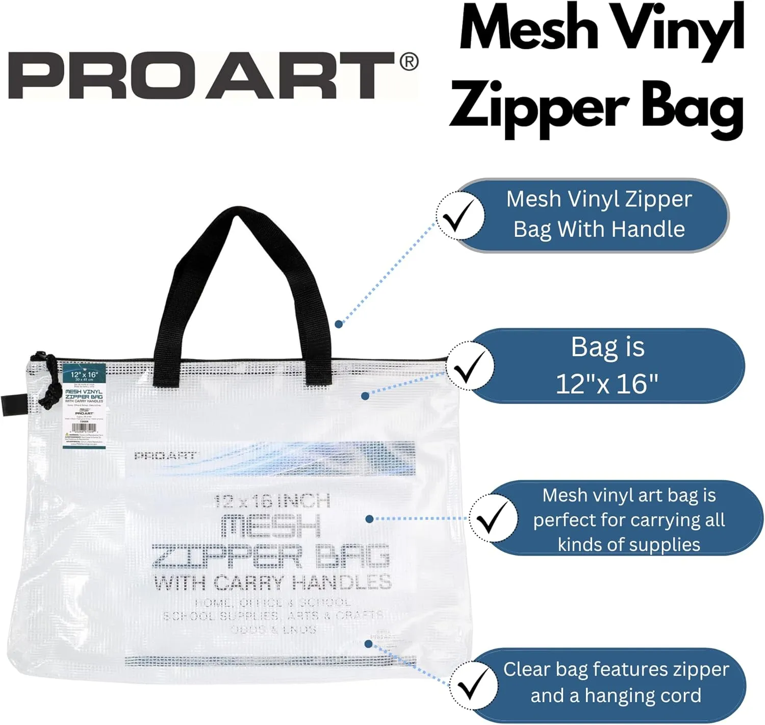 Pro Art Vinyl, 12-inch x 16-inch Mesh Bag with Zipper and Handle, Transluscent