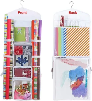 ProPik Hanging Double Sided Wrapping Paper Storage Organizer With Multiple Front And Back Pockets Organize Your Gift Wrap & Gift Bags Bows Ribbons 40”X17 Fits 40 Inch Rolls (White)
