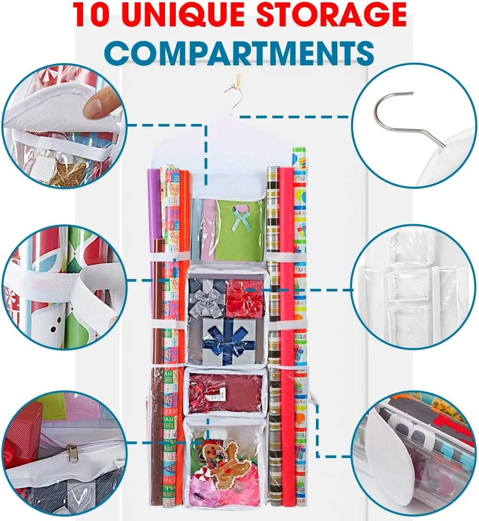 ProPik Hanging Double Sided Wrapping Paper Storage Organizer With Multiple Front And Back Pockets Organize Your Gift Wrap & Gift Bags Bows Ribbons 40”X17 Fits 40 Inch Rolls (White)