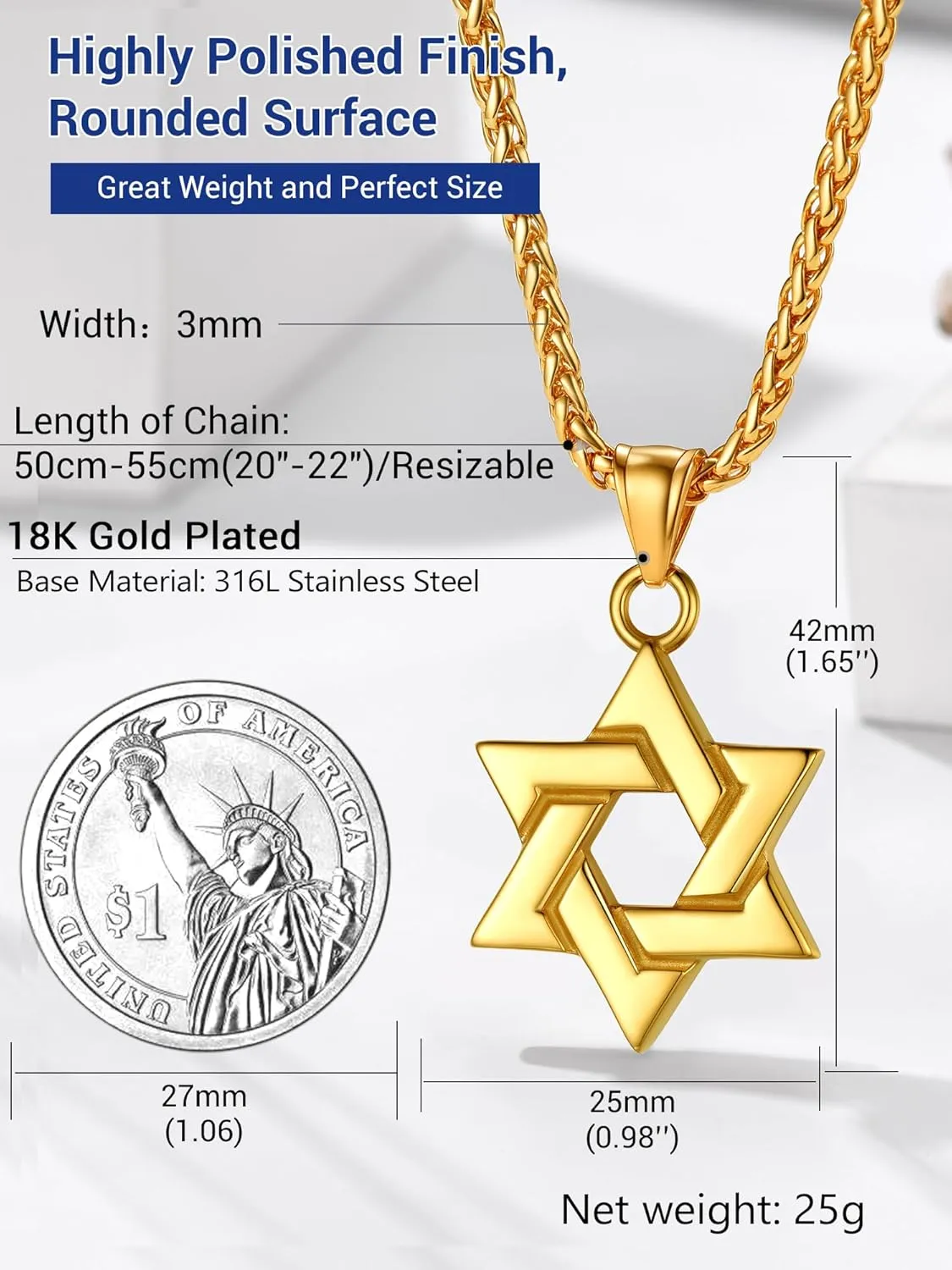 PROSTEEL Jewish Magen Star Of David Necklace For Women Men, Stainless Steel/925 Sterling Silver Hexagon Pendant Necklace, Adjustable, Come with Box
