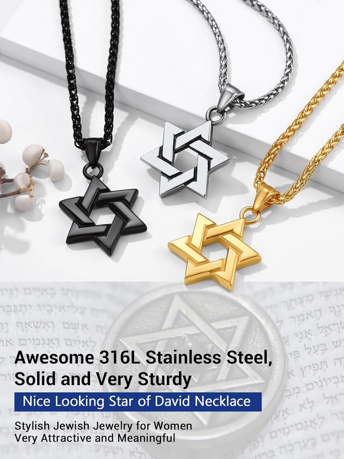 PROSTEEL Jewish Magen Star Of David Necklace For Women Men, Stainless Steel/925 Sterling Silver Hexagon Pendant Necklace, Adjustable, Come with Box
