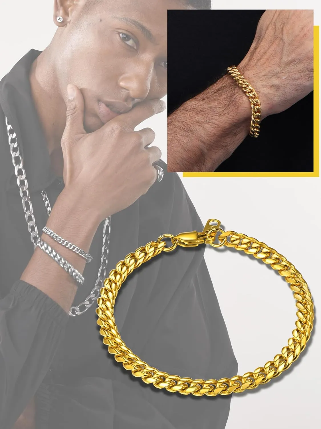 PROSTEEL Stainless Steel Bracelet for Men Women, Stylish Cuban Link Bracelets, Black/18K Gold Plated, W:4.8mm/6mm/10mm/14mm, L:19cm/21cm, Come Box