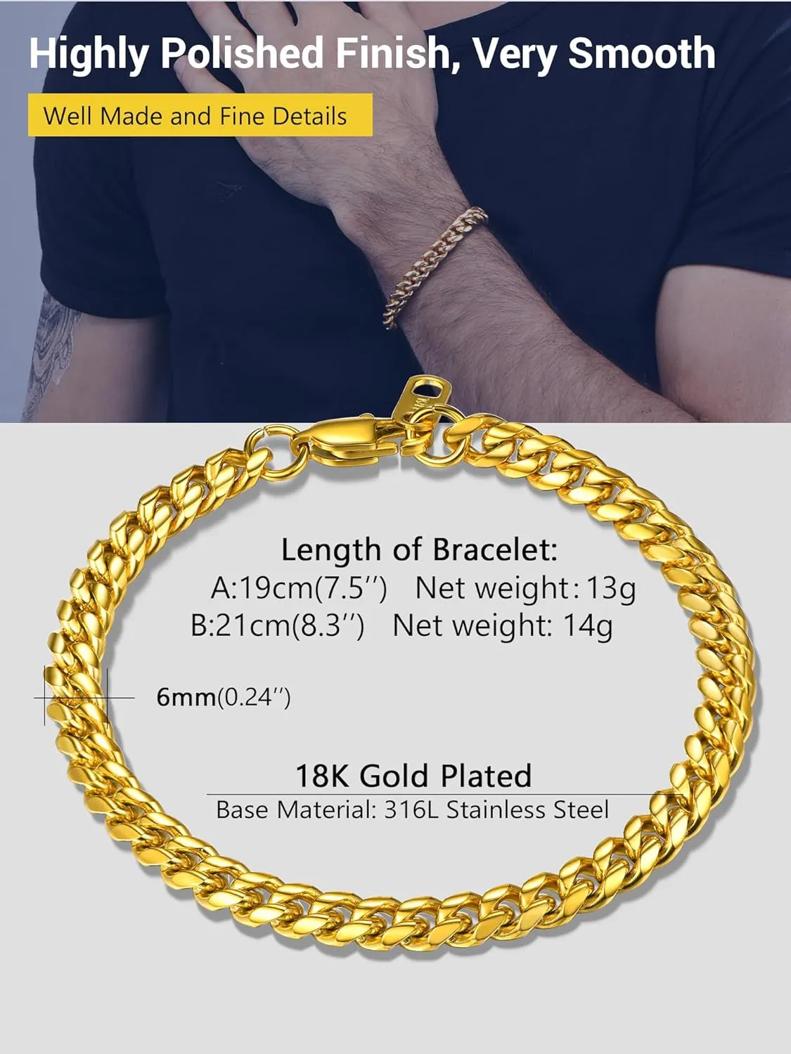 PROSTEEL Stainless Steel Bracelet for Men Women, Stylish Cuban Link Bracelets, Black/18K Gold Plated, W:4.8mm/6mm/10mm/14mm, L:19cm/21cm, Come Box