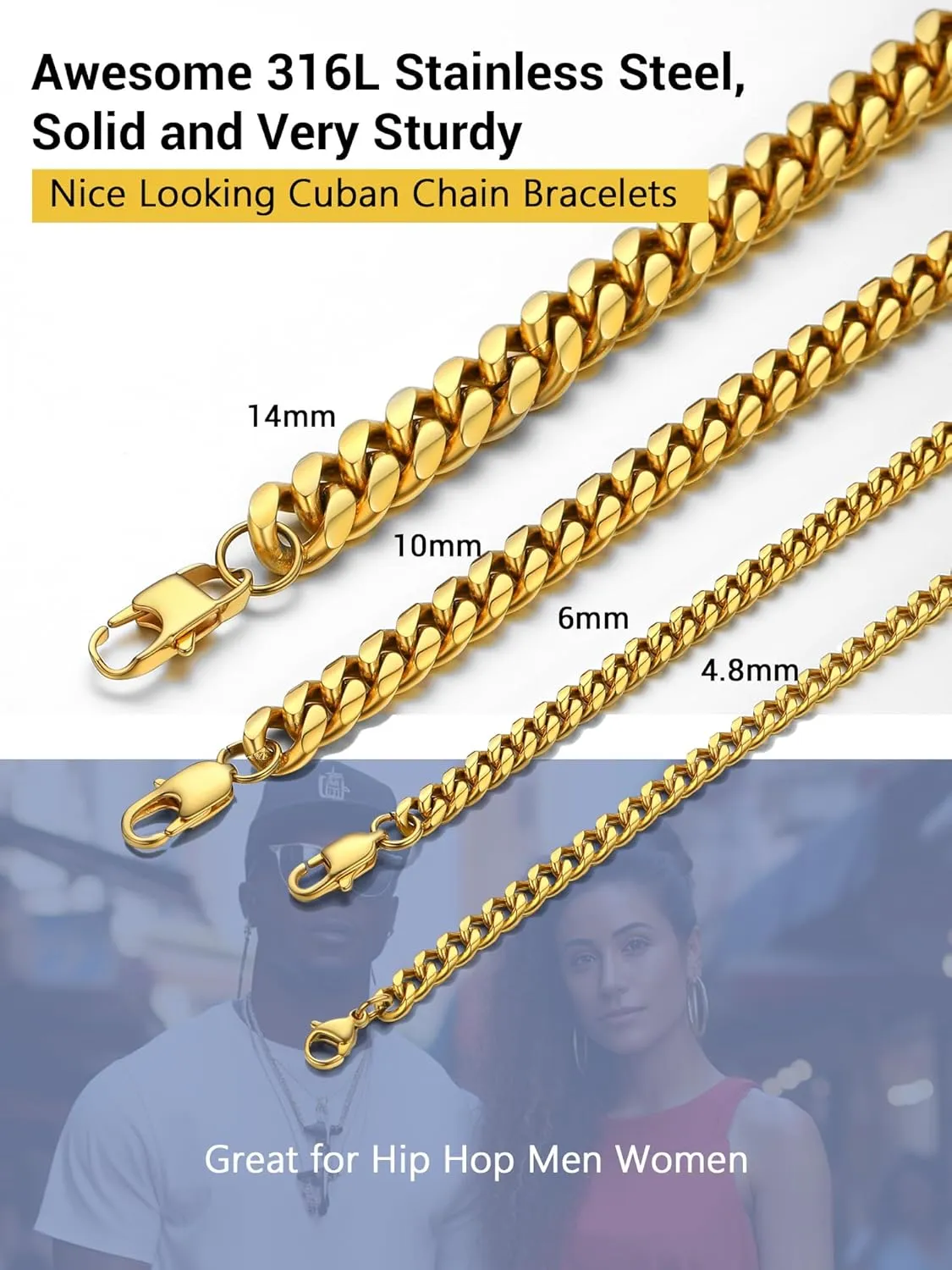 PROSTEEL Stainless Steel Bracelet for Men Women, Stylish Cuban Link Bracelets, Black/18K Gold Plated, W:4.8mm/6mm/10mm/14mm, L:19cm/21cm, Come Box