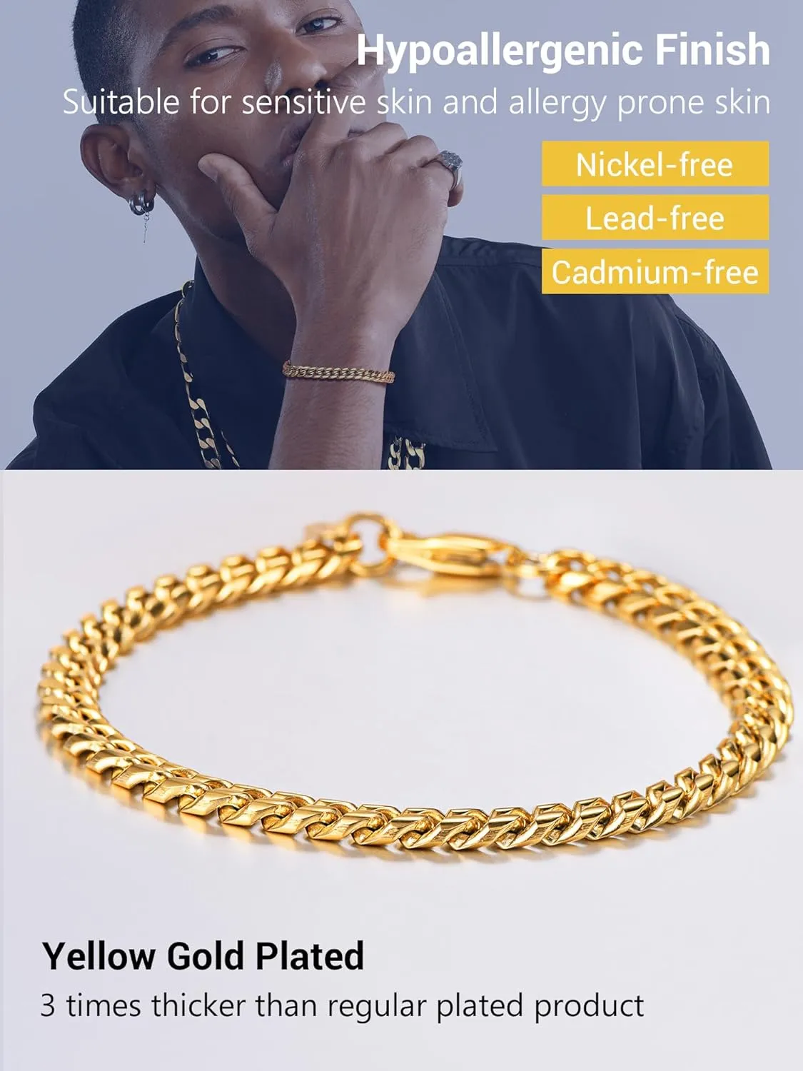 PROSTEEL Stainless Steel Bracelet for Men Women, Stylish Cuban Link Bracelets, Black/18K Gold Plated, W:4.8mm/6mm/10mm/14mm, L:19cm/21cm, Come Box