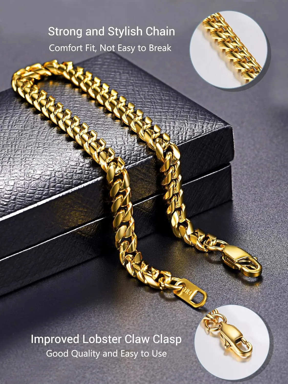 PROSTEEL Stainless Steel Bracelet for Men Women, Stylish Cuban Link Bracelets, Black/18K Gold Plated, W:4.8mm/6mm/10mm/14mm, L:19cm/21cm, Come Box