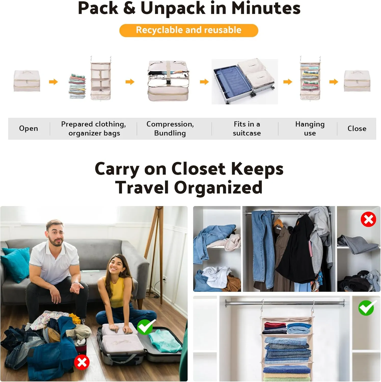 Protable Hanging Travel Shelf Bag, Expandable Packing Cube, Luggage Packing Organizer, Large Carry-On Closet with 4-Shelf & 2 Hooks, Suitcase Organizer Bag for Hotel, Bedroom, RV (Beige)