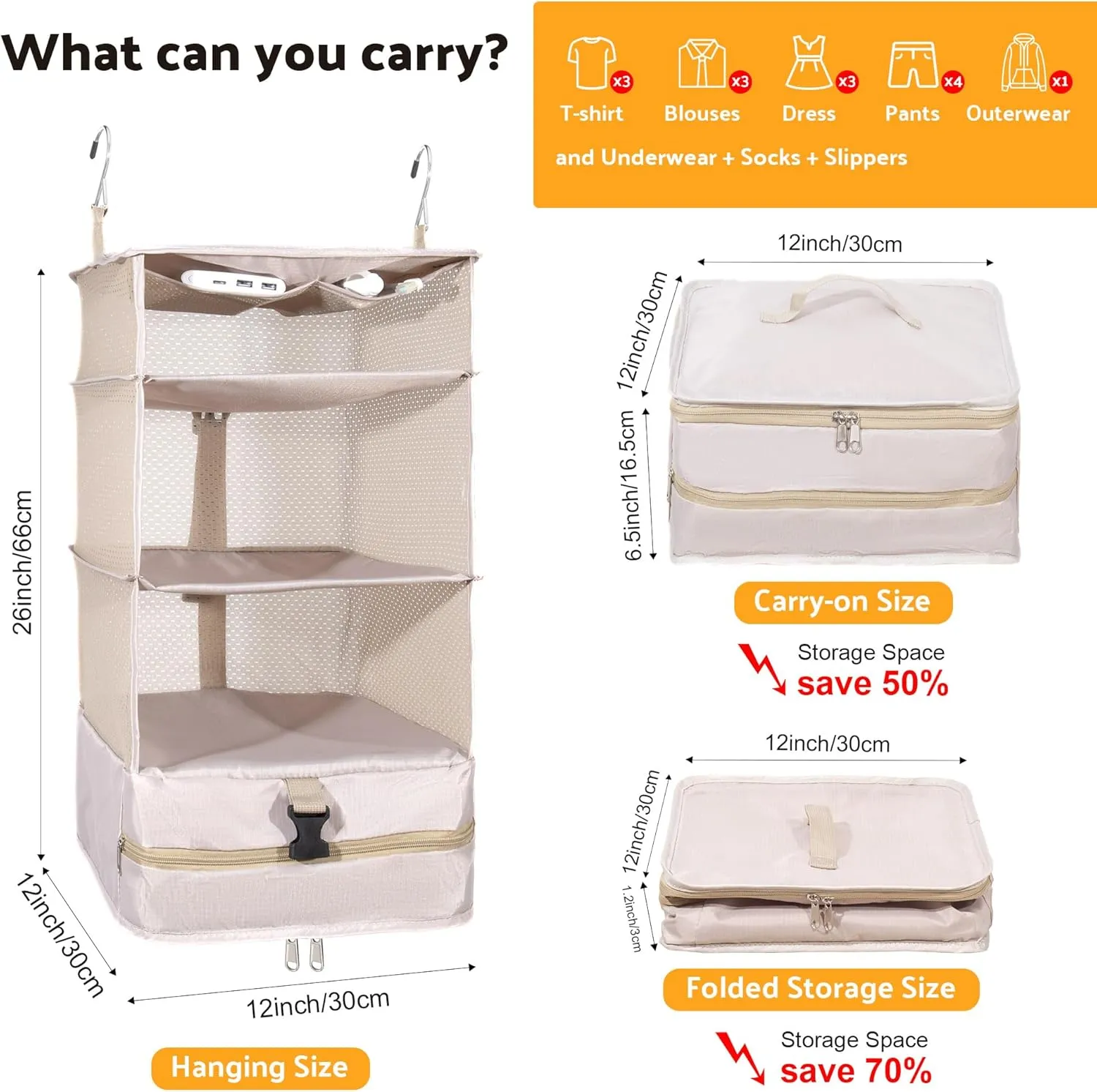Protable Hanging Travel Shelf Bag, Expandable Packing Cube, Luggage Packing Organizer, Large Carry-On Closet with 4-Shelf & 2 Hooks, Suitcase Organizer Bag for Hotel, Bedroom, RV (Beige)