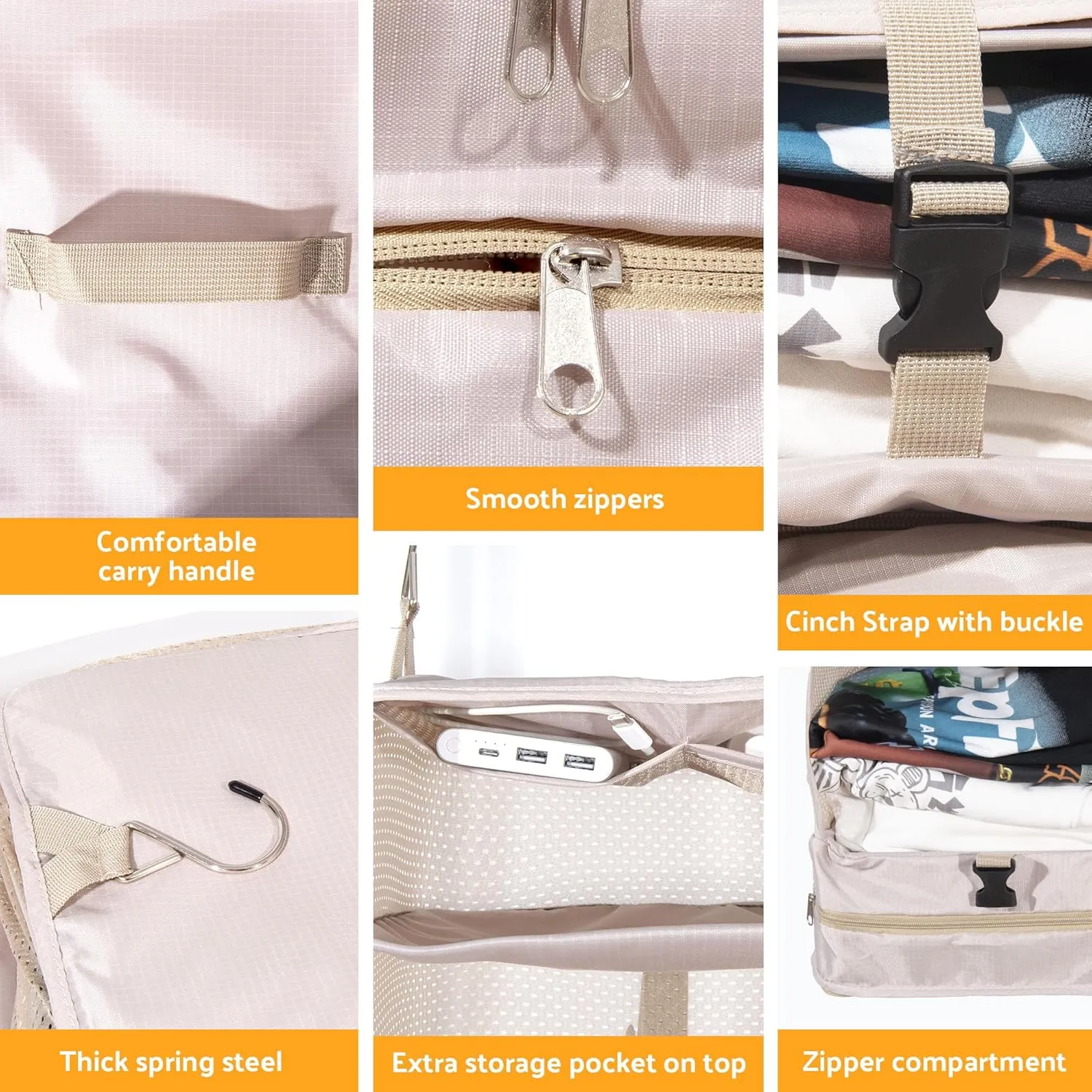 Protable Hanging Travel Shelf Bag, Expandable Packing Cube, Luggage Packing Organizer, Large Carry-On Closet with 4-Shelf & 2 Hooks, Suitcase Organizer Bag for Hotel, Bedroom, RV (Beige)