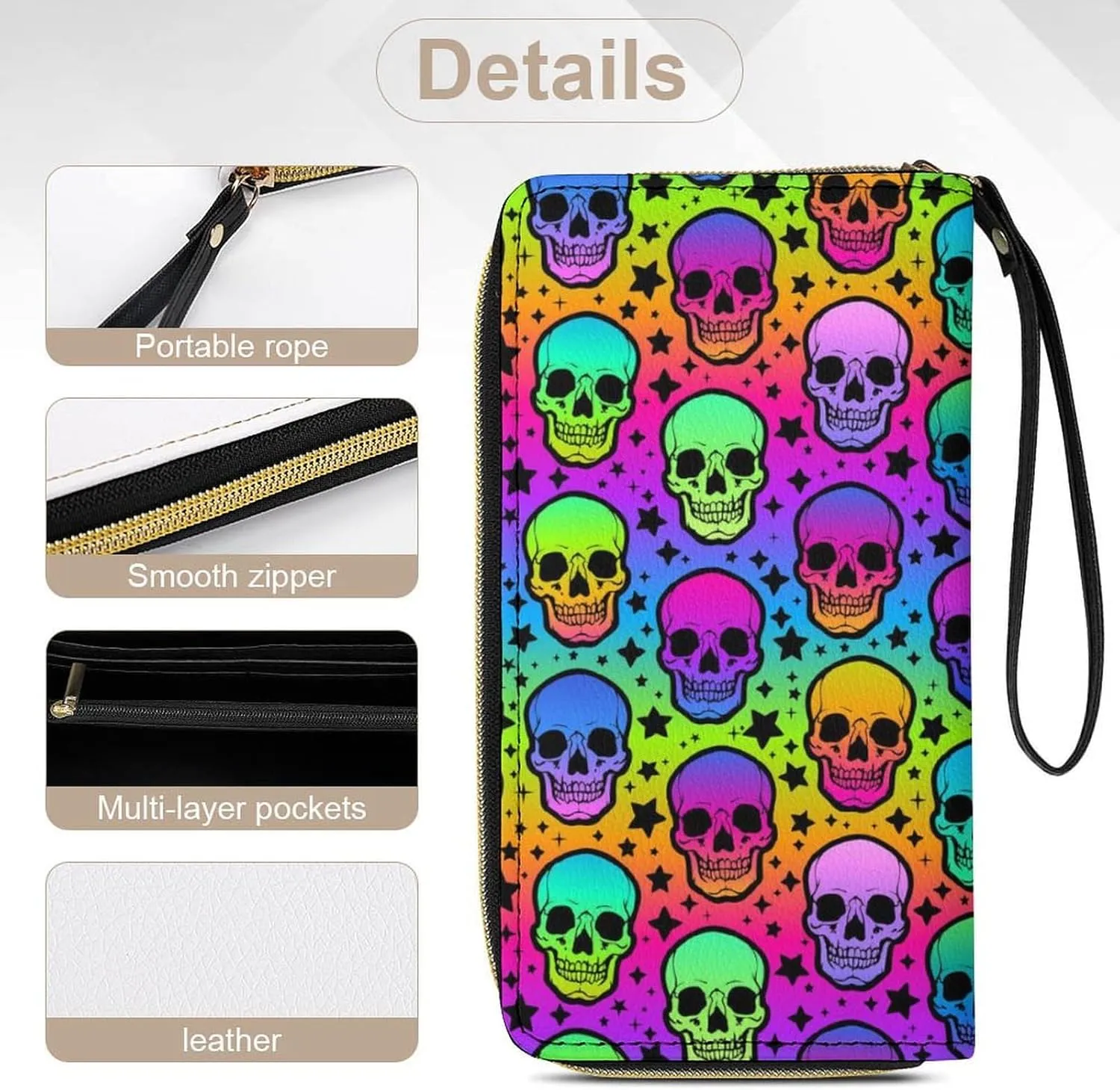 PU Leather Long Wallet, Waterproof Zipper Credit Card Holder Trippy Colorful Skulls Compact Card Organizer with Multiple Slots