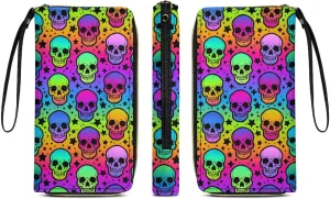 PU Leather Long Wallet, Waterproof Zipper Credit Card Holder Trippy Colorful Skulls Compact Card Organizer with Multiple Slots
