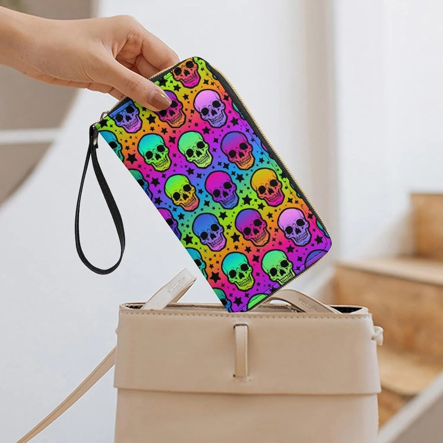PU Leather Long Wallet, Waterproof Zipper Credit Card Holder Trippy Colorful Skulls Compact Card Organizer with Multiple Slots