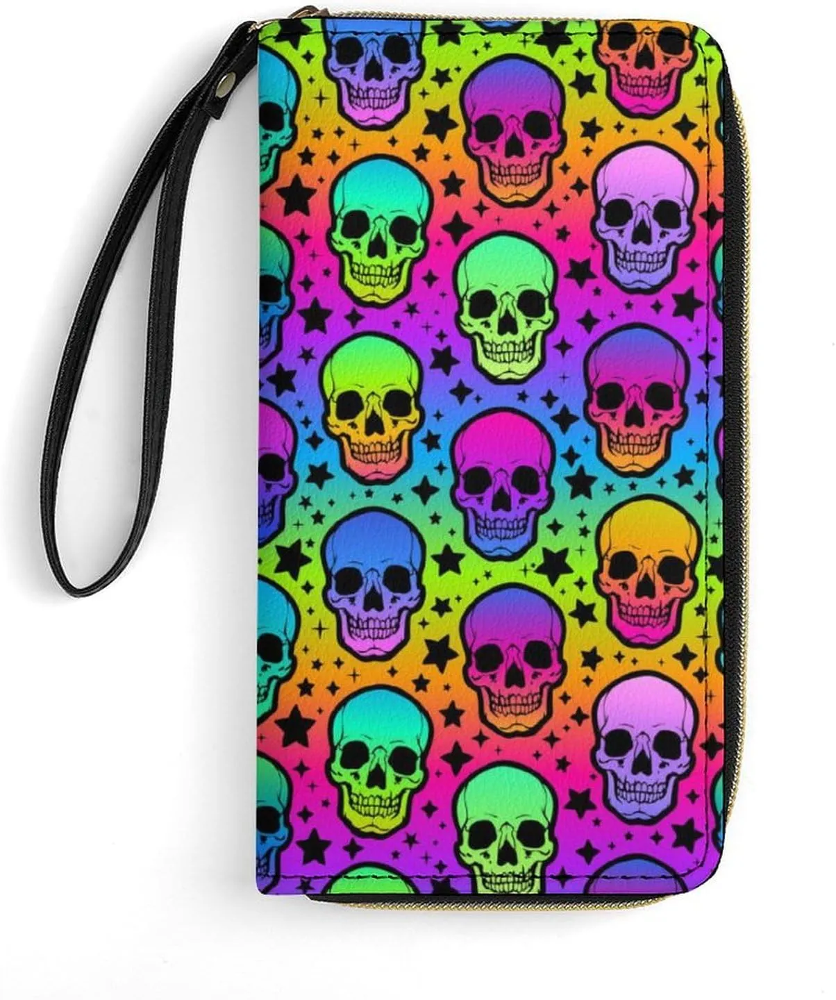 PU Leather Long Wallet, Waterproof Zipper Credit Card Holder Trippy Colorful Skulls Compact Card Organizer with Multiple Slots