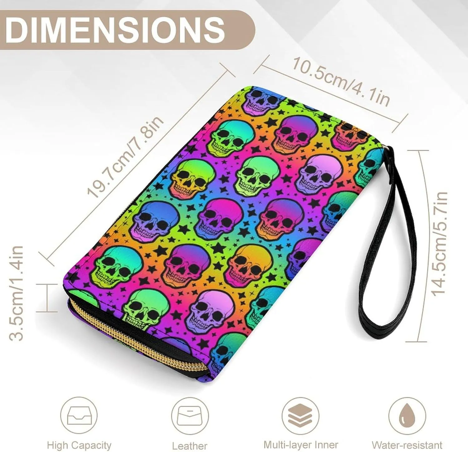 PU Leather Long Wallet, Waterproof Zipper Credit Card Holder Trippy Colorful Skulls Compact Card Organizer with Multiple Slots