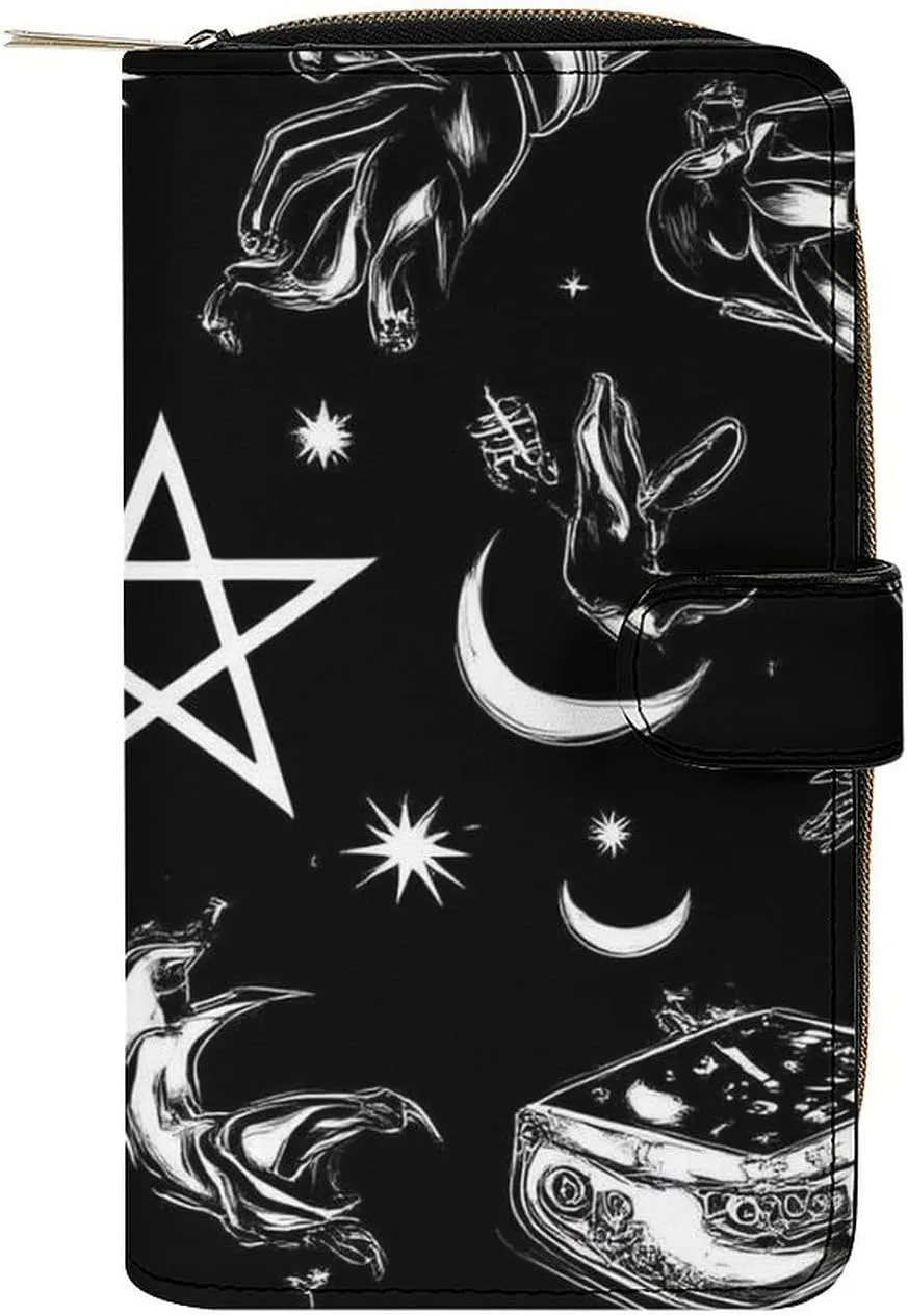 PU Leather Wallet for Women Men, Novelty Skull Black Cat Moon Gothic Skull Raven Art Black Printed Perfect Wallets, Compact Portable Wallet Purse Gift for Mom, Dad