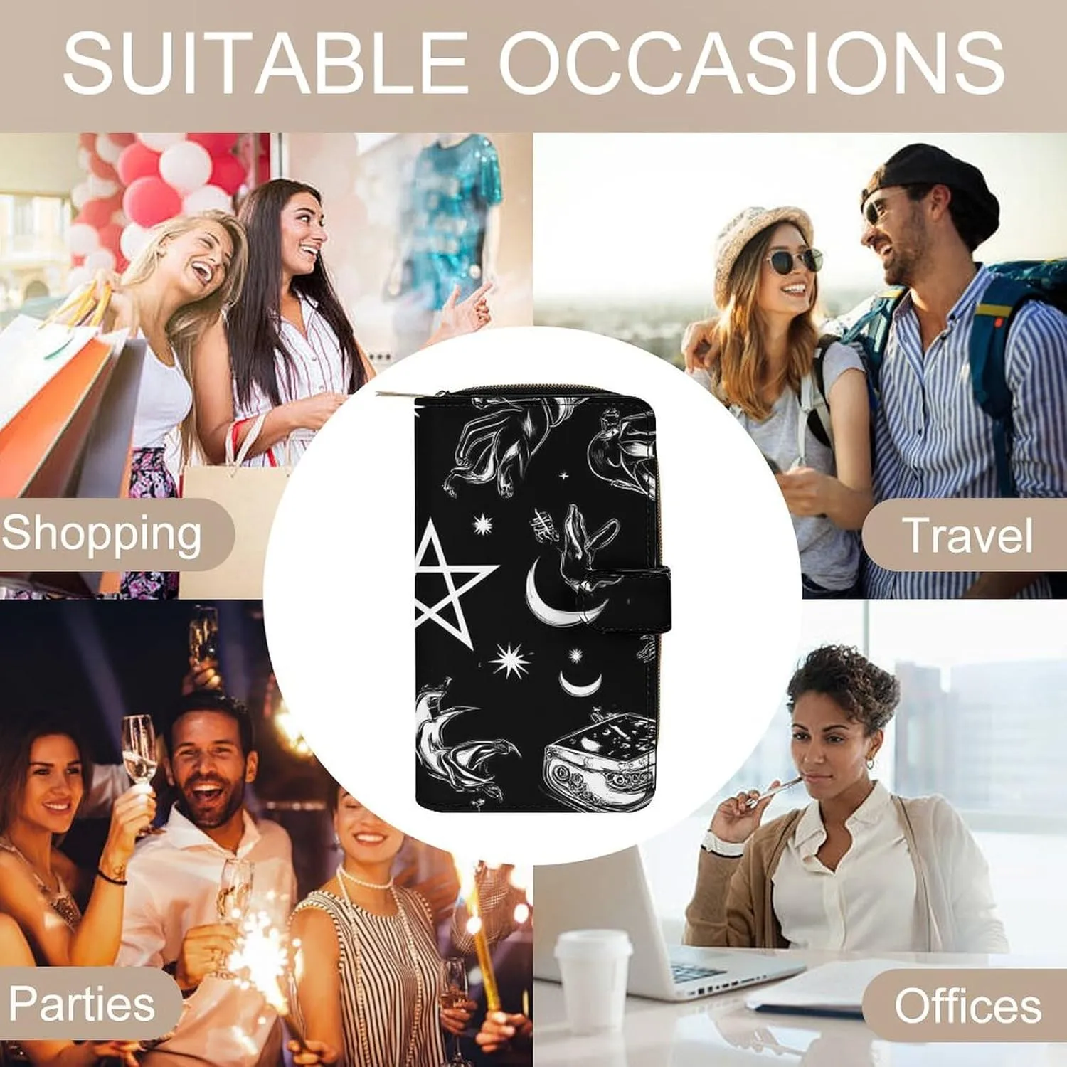 PU Leather Wallet for Women Men, Novelty Skull Black Cat Moon Gothic Skull Raven Art Black Printed Perfect Wallets, Compact Portable Wallet Purse Gift for Mom, Dad