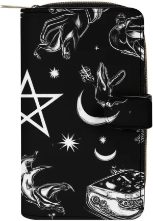 PU Leather Wallet for Women Men, Novelty Skull Black Cat Moon Gothic Skull Raven Art Black Printed Perfect Wallets, Compact Portable Wallet Purse Gift for Mom, Dad