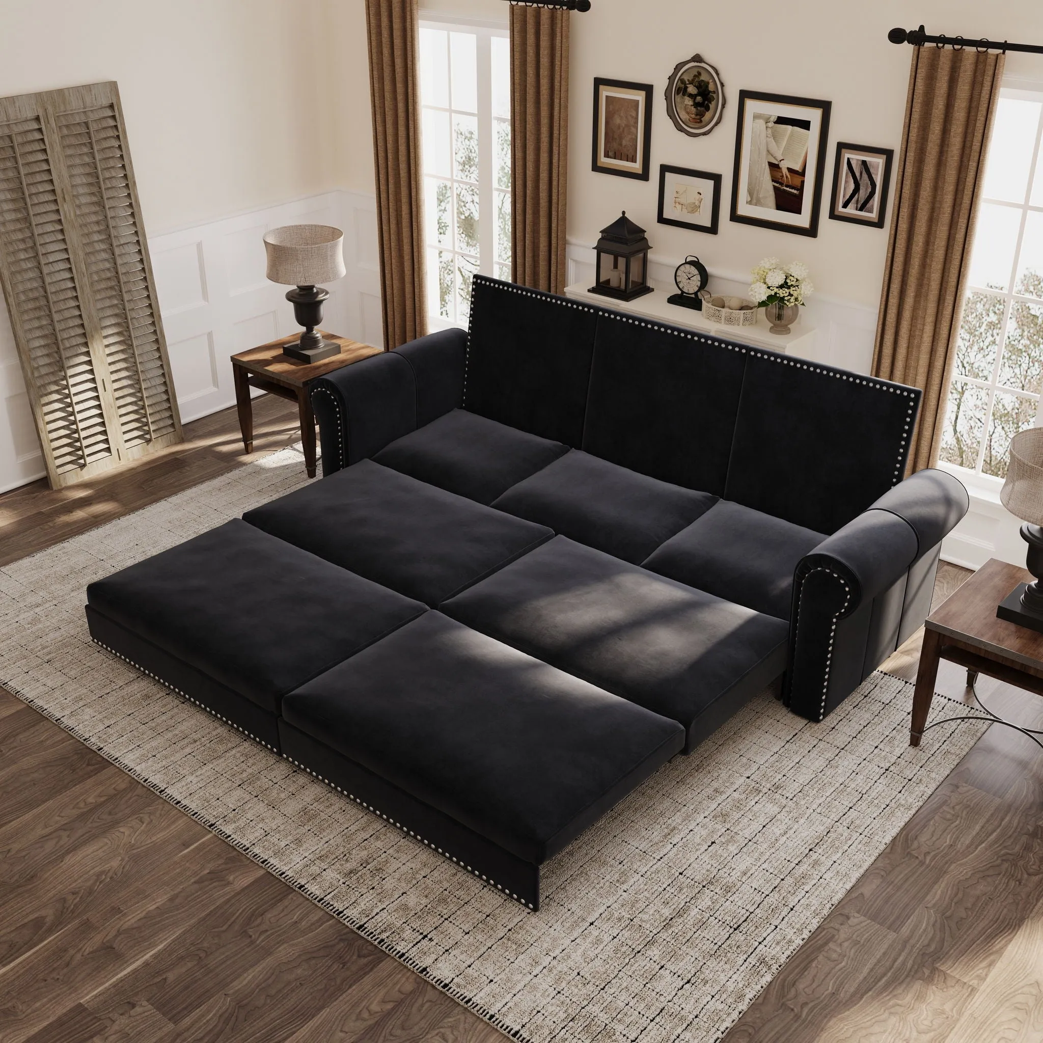 Pull Out Sofa Bed 3 In 1 Velvet Convertible Sleeper Sofa With Nailhead Trim & Rolled Arm, Multi Functional