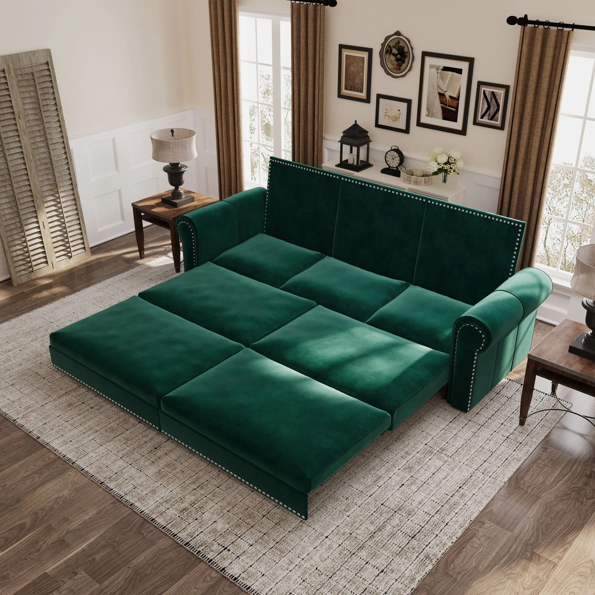 Pull Out Sofa Bed 3 In 1 Velvet Convertible Sleeper Sofa With Nailhead Trim & Rolled Arm, Multi Functional