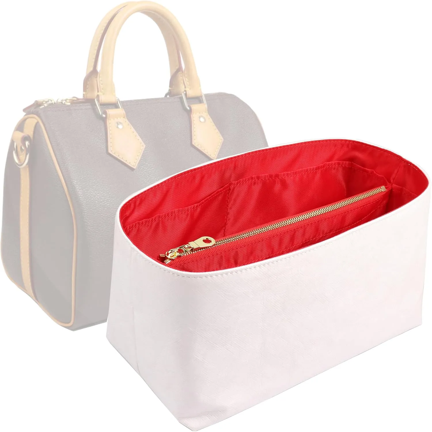 Purse Organizer Insert for handbag，Dupont paper Ultra-Light weight Bag Organizer Insert for LV Speedy 25 Waterproof (Medium-white red)