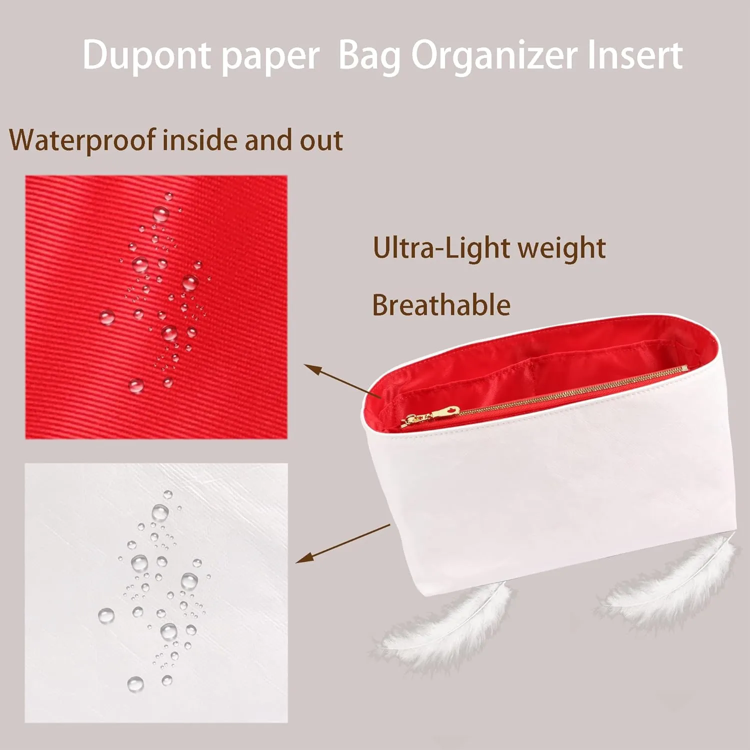 Purse Organizer Insert for handbag，Dupont paper Ultra-Light weight Bag Organizer Insert for LV Speedy 25 Waterproof (Medium-white red)