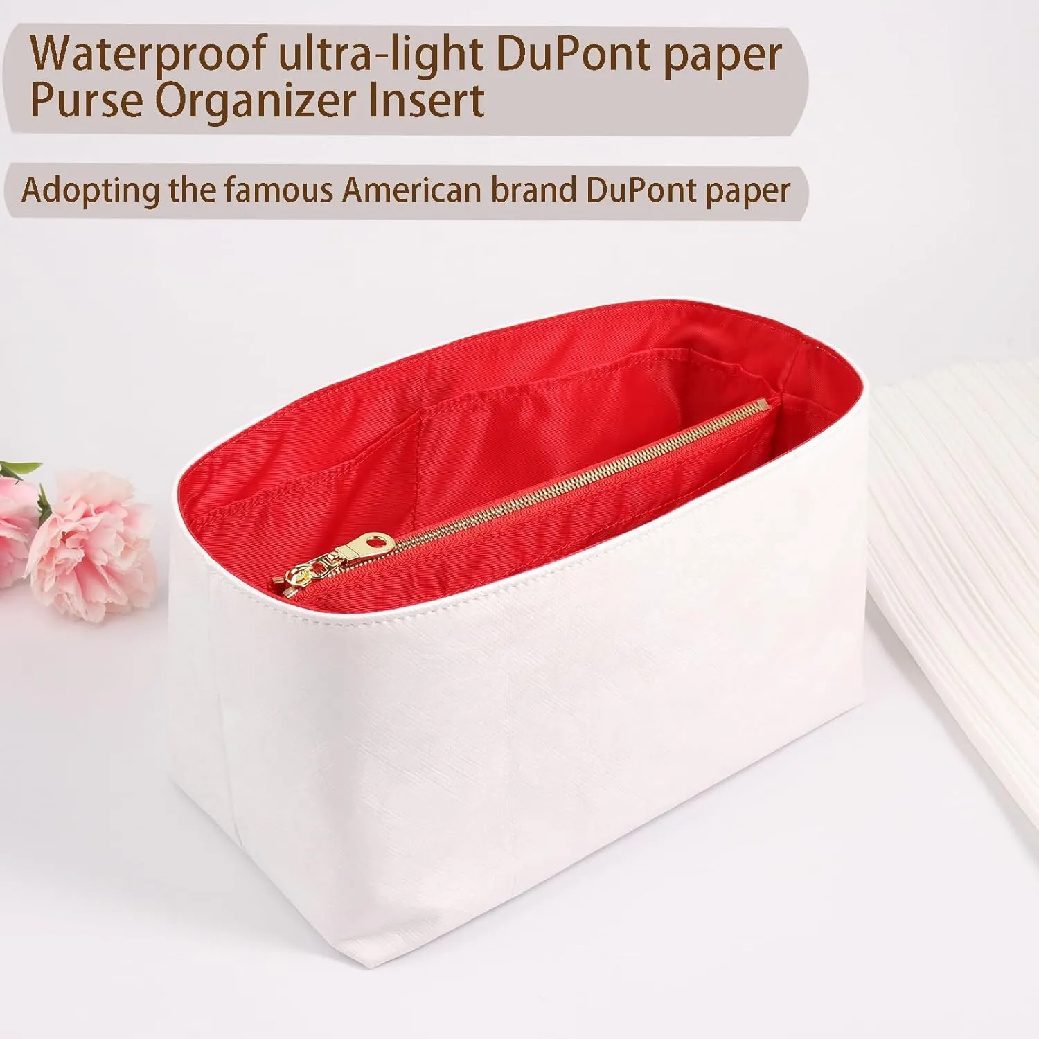 Purse Organizer Insert for handbag，Dupont paper Ultra-Light weight Bag Organizer Insert for LV Speedy 25 Waterproof (Medium-white red)