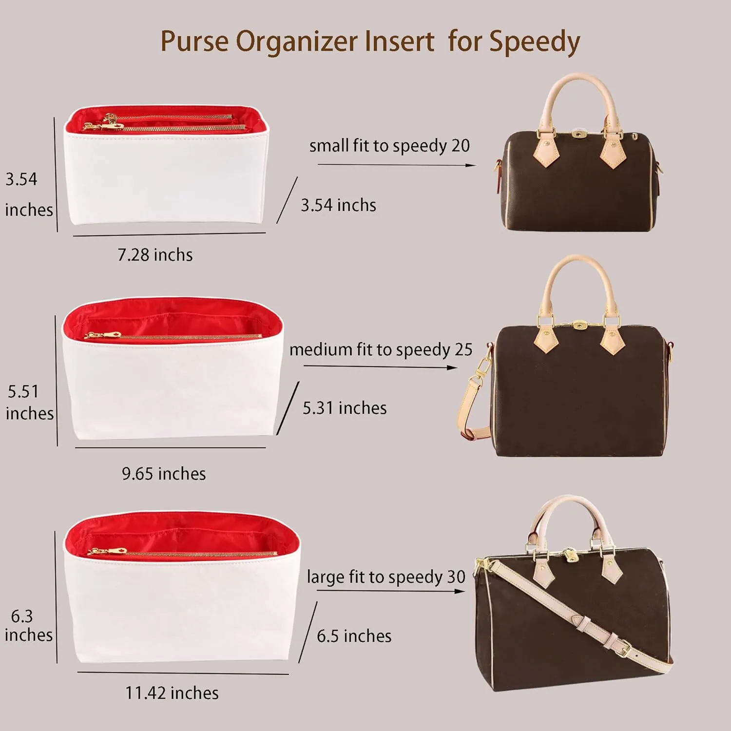 Purse Organizer Insert for handbag，Dupont paper Ultra-Light weight Bag Organizer Insert for LV Speedy 25 Waterproof (Medium-white red)