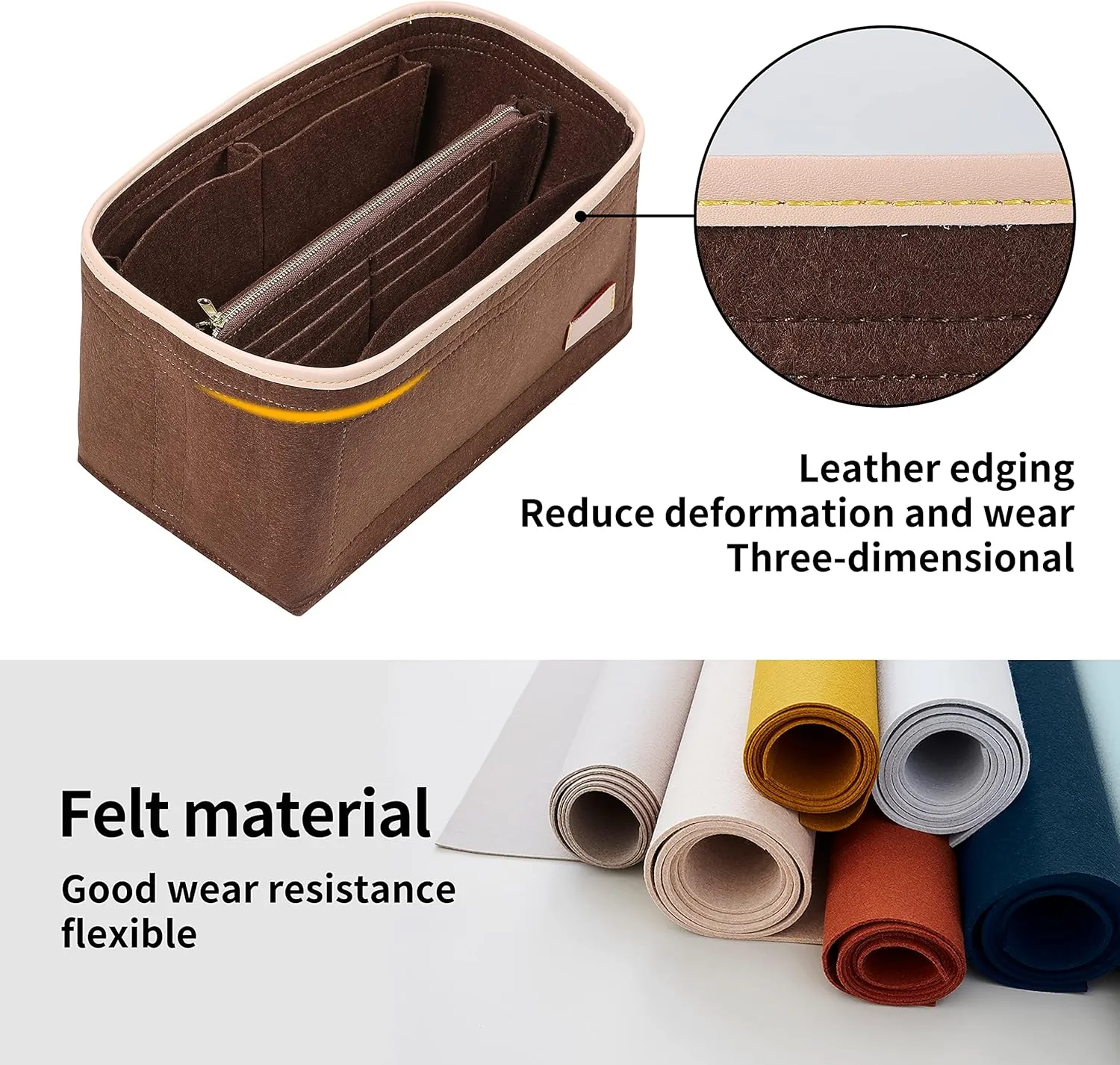 Purse Organizer Insert for Handbags, Fit Speedy 30,LePliage M,Neverfull Felt Tote Insert with Base Shaper Zipper Bag in Bag (Brown-Felt, Large)