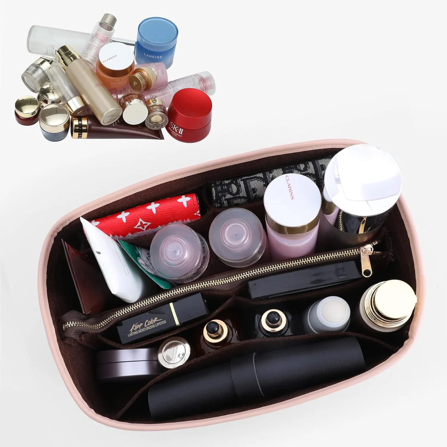 Purse Organizer Insert for Handbags, Fit Speedy 30,LePliage M,Neverfull Felt Tote Insert with Base Shaper Zipper Bag in Bag (Brown-Felt, Large)