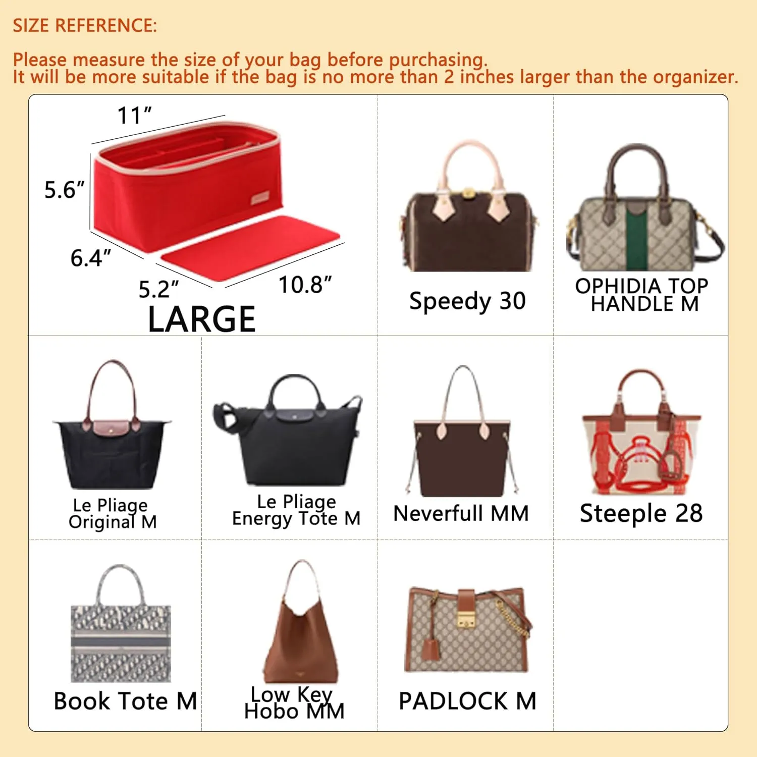Purse Organizer Insert for Handbags, Fit Speedy 30,LePliage M,Neverfull Felt Tote Insert with Base Shaper Zipper Bag in Bag (Brown-Felt, Large)