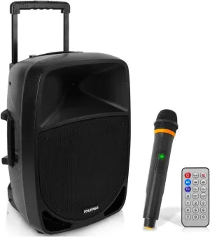 Pyle 1200W Portable Bluetooth PA Speaker - 12’’ Subwoofer, LED Battery Indicator Lights W/Built-In Rechargeable Battery, MP3/USB/SD Card Reader, and UHF Wireless Microphone - Pyle PSBT125A,Black