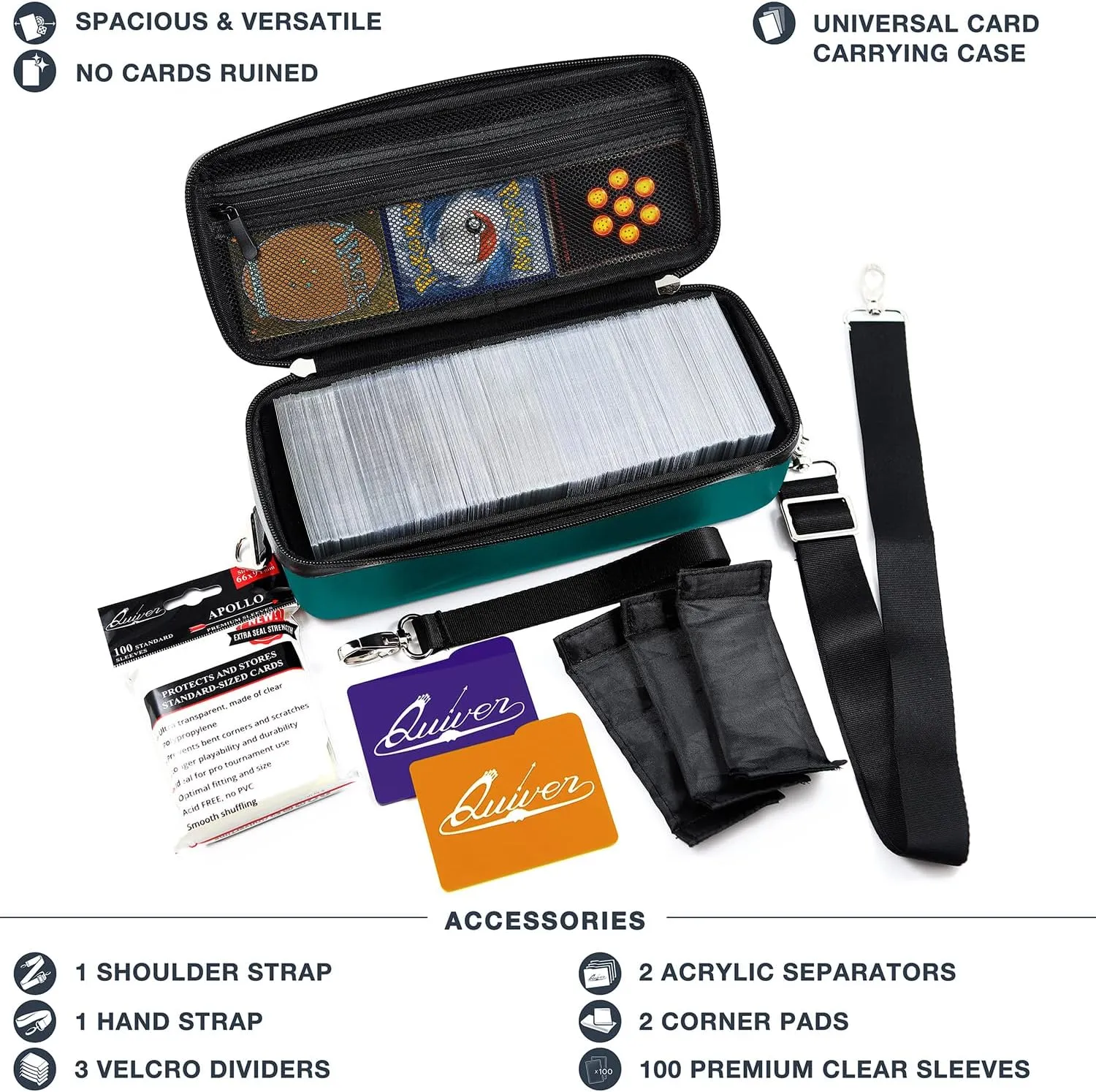 Quiver Time Teal Bolt Card Carrying Case fits Pokemon Cards and other TCG Games - Storage Bag for Playing/Trading Cards and Deck Box (Straps, Dividers & 100 Apollo Card Sleeves)