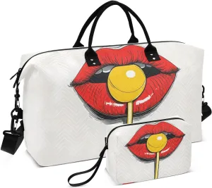 Red Lip Lolipop Duffel Bag for Traveling, Travel Bag Gym Bag, with Multiple Interior Pockets Shoulder Weekender Bag for Women Men with Toiletry Bag 20.5L x 1.9W x 13.8H
