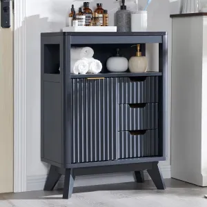 RedLemon Bathroom Floor Cabinet with Sliding Door, Modern Fluted 3 Drawers Storage Organizer w/Adjustable Shelf and Faux Marble Top, Curved Profile Design, Dark Grey