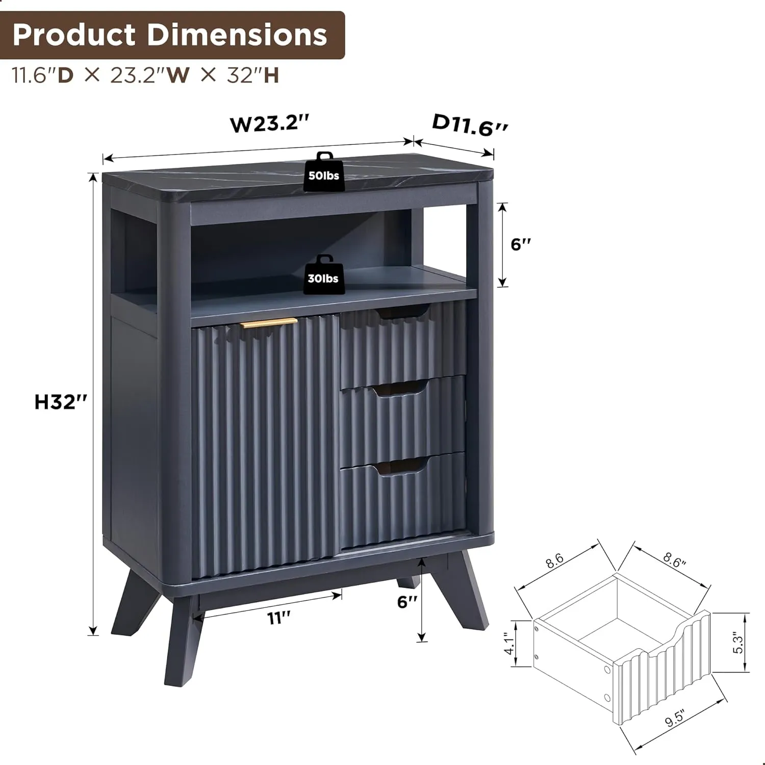 RedLemon Bathroom Floor Cabinet with Sliding Door, Modern Fluted 3 Drawers Storage Organizer w/Adjustable Shelf and Faux Marble Top, Curved Profile Design, Dark Grey
