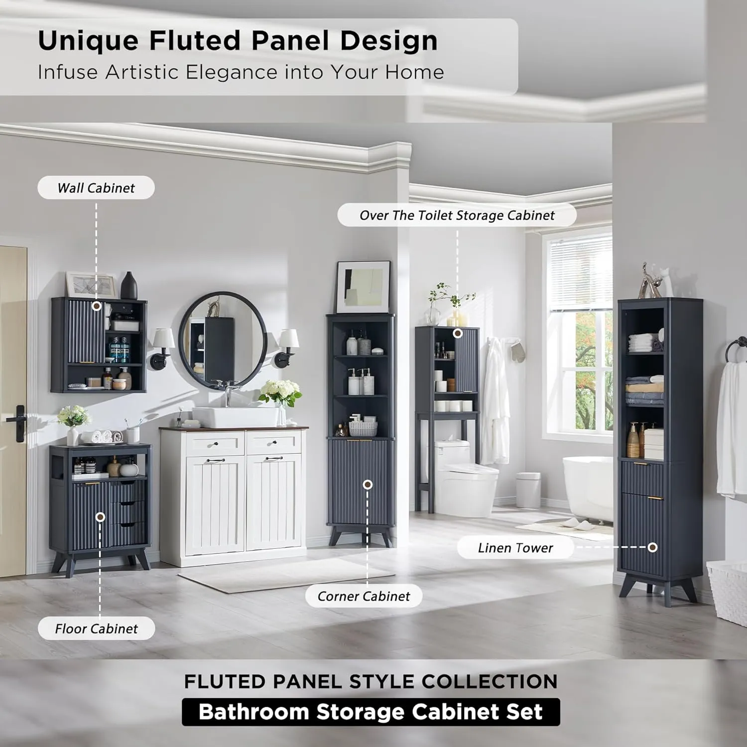 RedLemon Bathroom Floor Cabinet with Sliding Door, Modern Fluted 3 Drawers Storage Organizer w/Adjustable Shelf and Faux Marble Top, Curved Profile Design, Dark Grey
