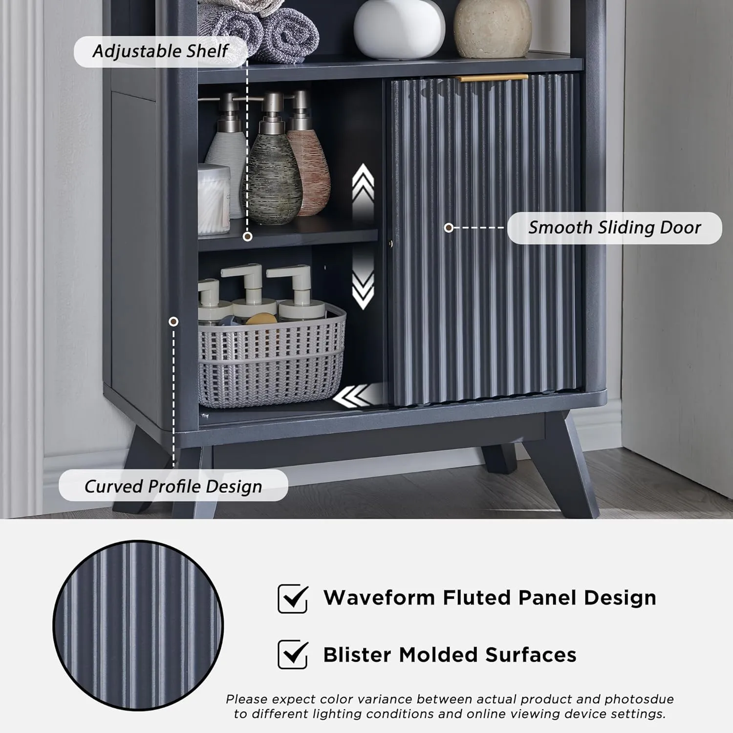 RedLemon Bathroom Floor Cabinet with Sliding Door, Modern Fluted 3 Drawers Storage Organizer w/Adjustable Shelf and Faux Marble Top, Curved Profile Design, Dark Grey