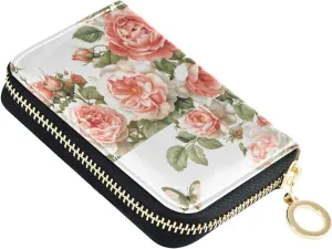 RFID Credit Card Wallet Coral Flower Pink Butterfly Pattern PU Leather Purse Case with Zipper Card Holder for Women Girls