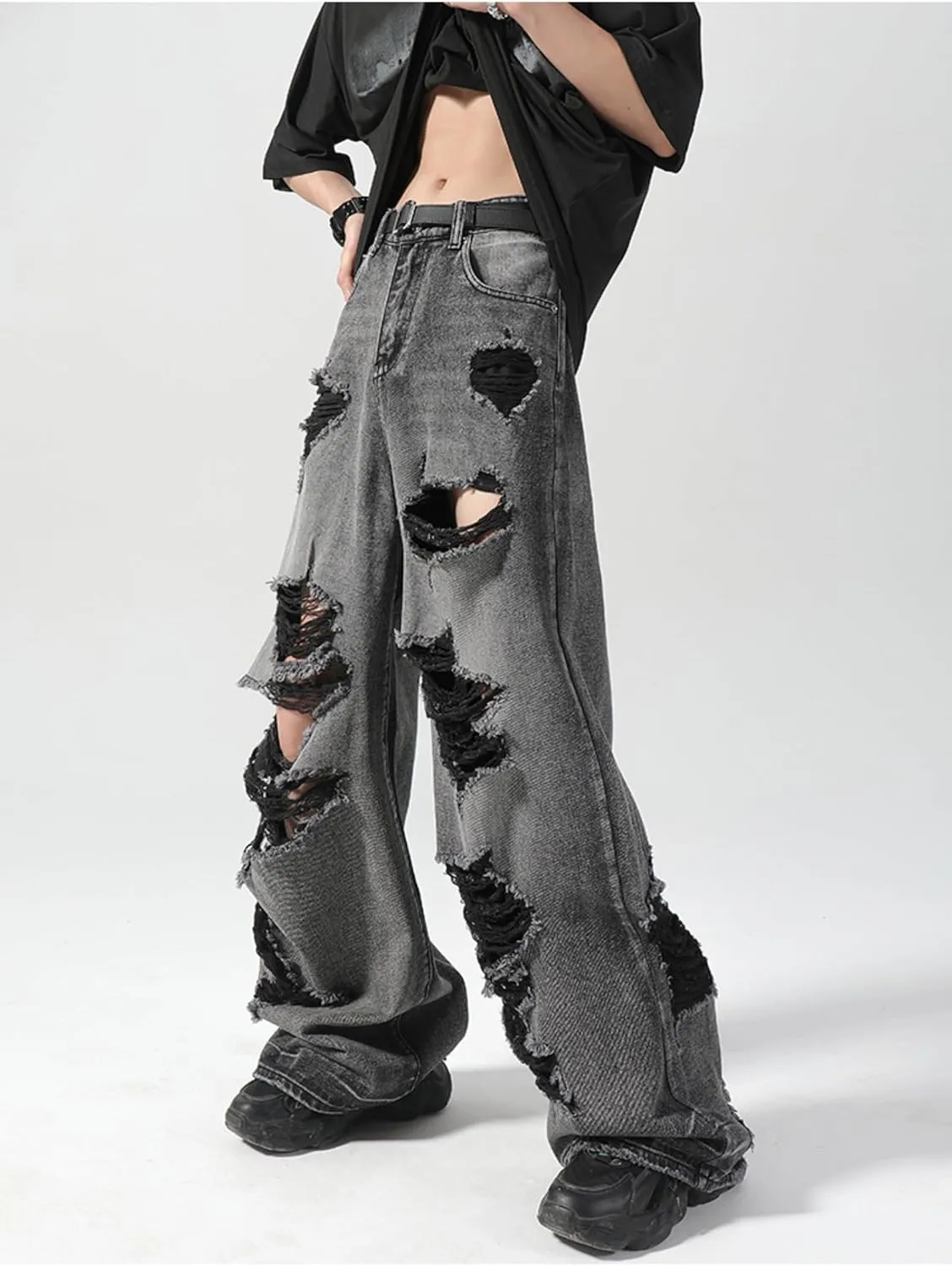 Ripped Jeans Y2k Hip Hop Pants Men Vintage Low Rise Wide Leg Baggy Trousers Grunge Streetwear Unisex