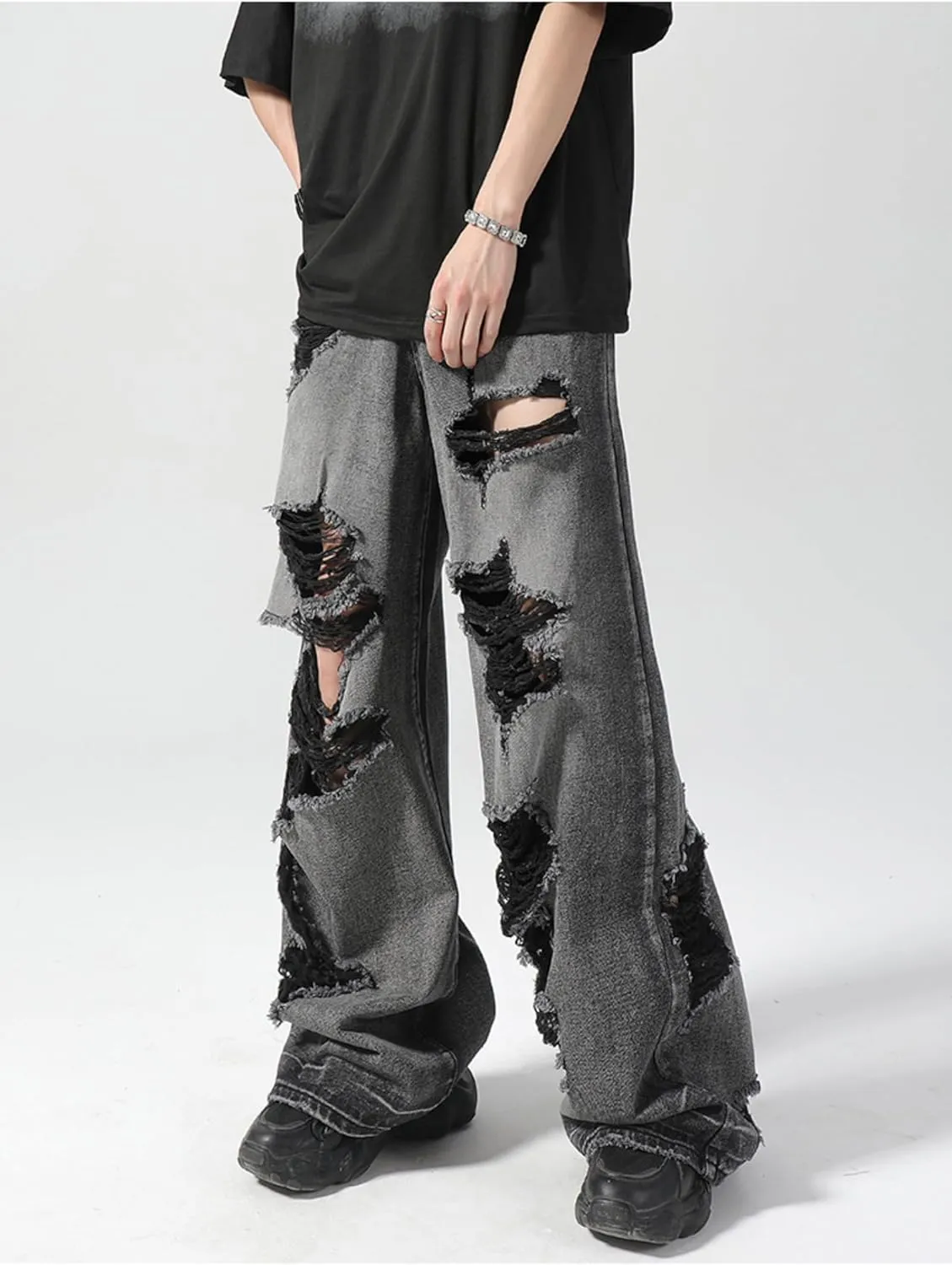 Ripped Jeans Y2k Hip Hop Pants Men Vintage Low Rise Wide Leg Baggy Trousers Grunge Streetwear Unisex