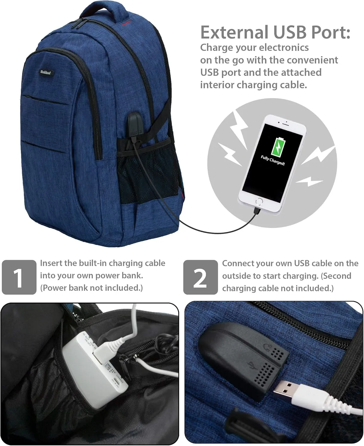 Rockland Business Pro USB Laptop Backpack, Blue, Large