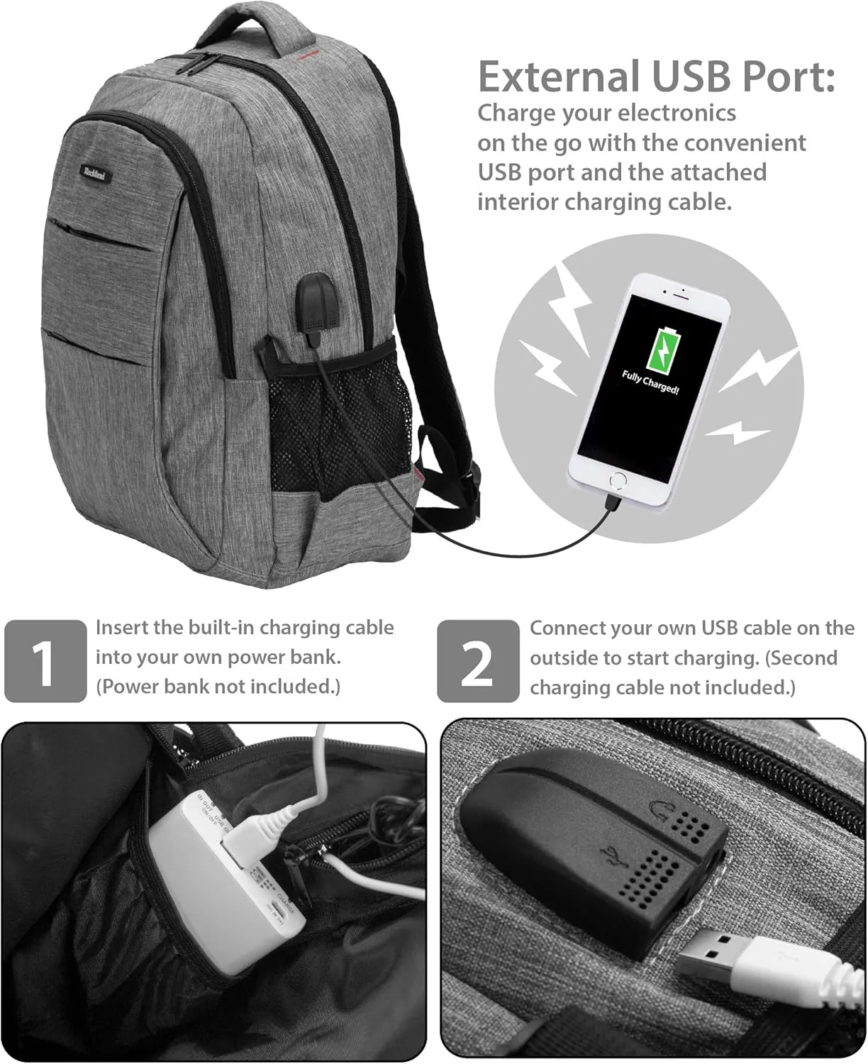 Rockland Business Pro USB Laptop Backpack, Grey, Large