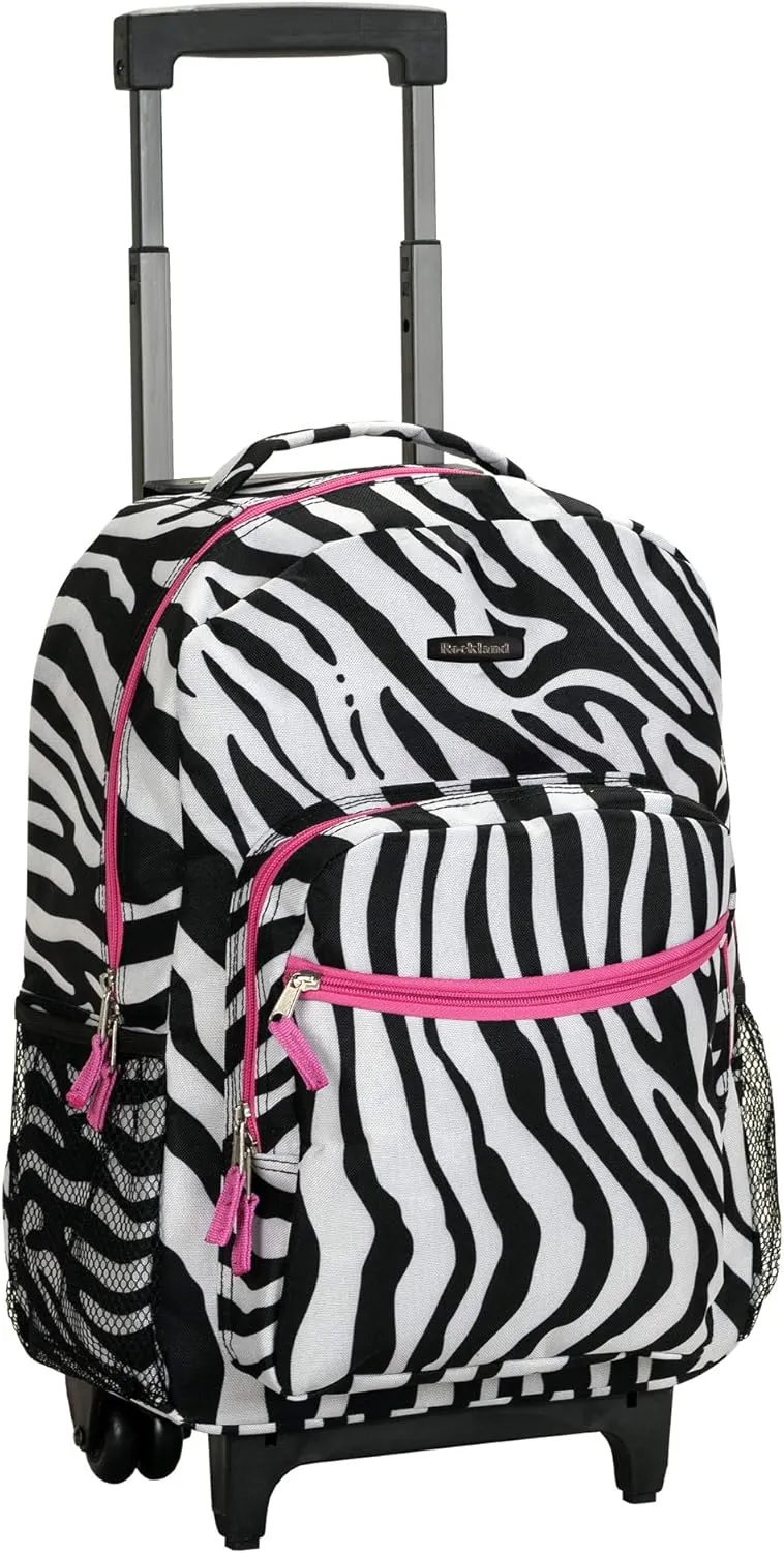 Rockland Double Handle Rolling Backpack, PINKZEBRA, 17-Inch