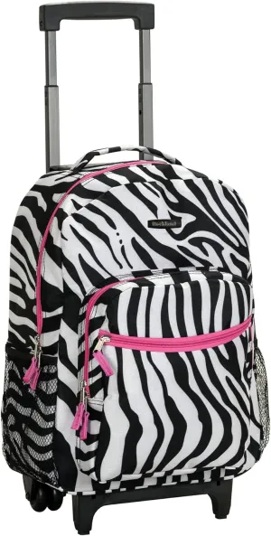 Rockland Double Handle Rolling Backpack, PINKZEBRA, 17-Inch