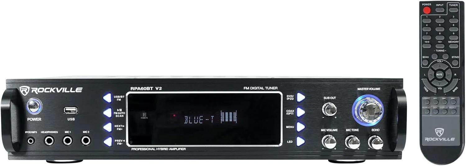 Rockville RPA60BT V2 1000 Watt 2-Channel Amplifier Mixer, Bluetooth, USB, SD Card, Mic Inputs, EQ Controls, Perfect for DJs and Karaoke