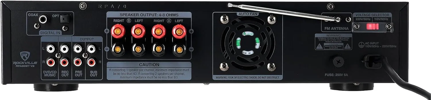 Rockville RPA60BT V2 1000 Watt 2-Channel Amplifier Mixer, Bluetooth, USB, SD Card, Mic Inputs, EQ Controls, Perfect for DJs and Karaoke