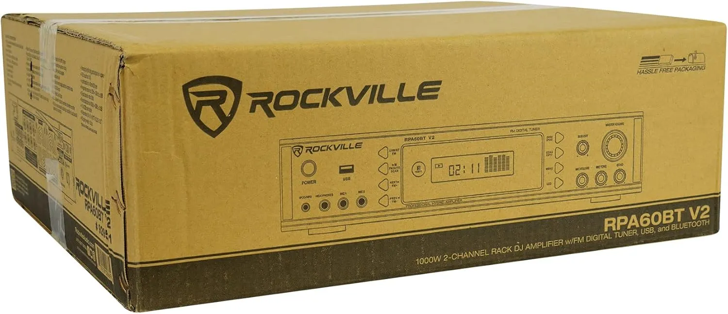 Rockville RPA60BT V2 1000 Watt 2-Channel Amplifier Mixer, Bluetooth, USB, SD Card, Mic Inputs, EQ Controls, Perfect for DJs and Karaoke