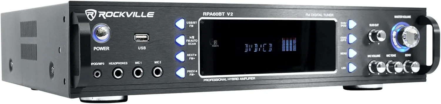 Rockville RPA60BT V2 1000 Watt 2-Channel Amplifier Mixer, Bluetooth, USB, SD Card, Mic Inputs, EQ Controls, Perfect for DJs and Karaoke