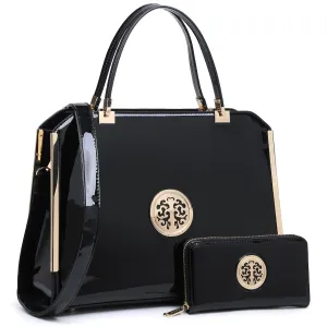 Rolled Handle Patent Leather Briefcase Satchel with Matching Wallet