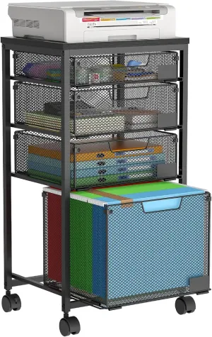 Rolling File Cart with 4 Storage Drawers, Filing Cabinet for Home Office, Hanging File Folder Organizer with Wheels Under Desk, Utility Craft Cart Printer Stand, Black, Patent Pending